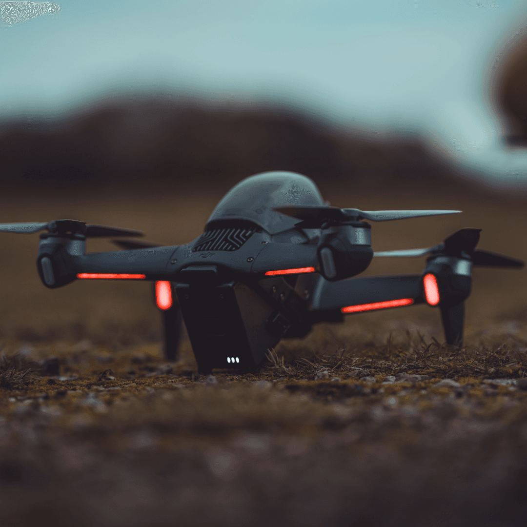 FPV style drone with dramatic lighting